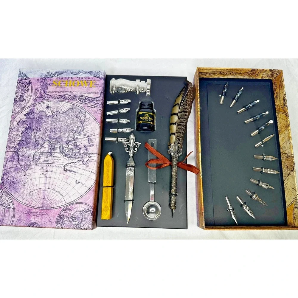 Calligraphy Set Feather Quill Dip Pen Ink 17 Nibs Wax Stamp Letter Opener